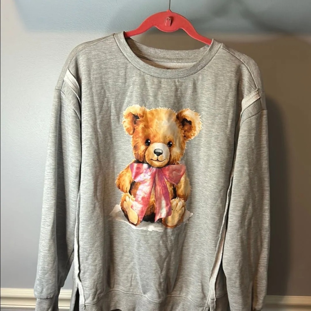Gray Teddy Bear with Pink Bow Sweatshirt